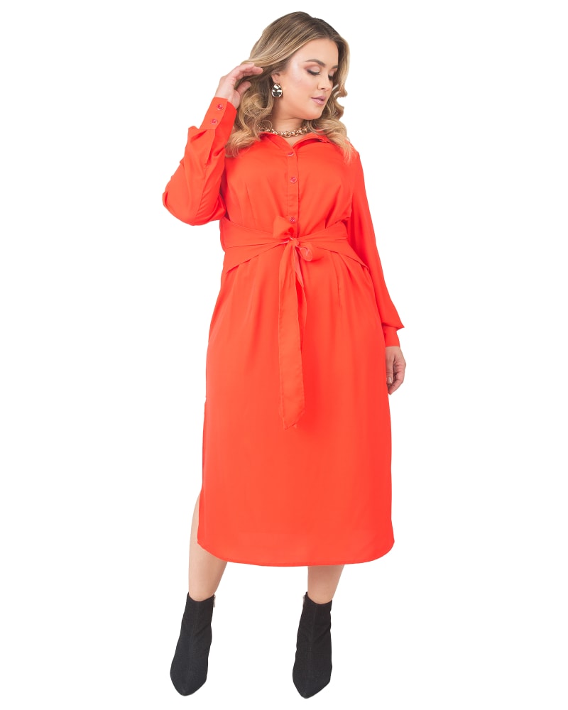 Front of a model wearing a size 1X Julia Midi Shirt Dress in Cherry Tomato by Standards & Practices. | dia_product_style_image_id:280673